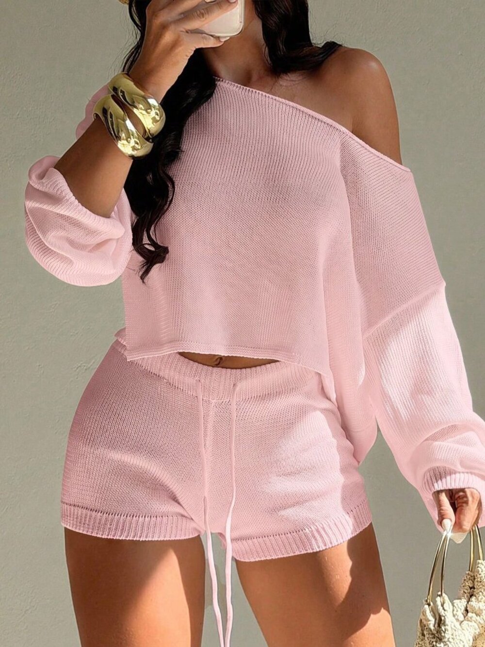 Pink Elegant Women's Slanted Collar Top and Shorts Two-Piece Set - Picture 5 of 6